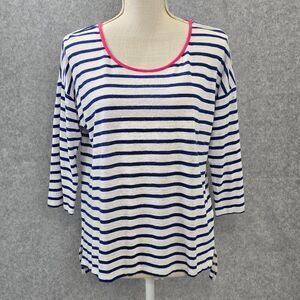 Talbots Womens M White Blue Stripe Pink Contrast Linen Nautical Coastal Top Tee